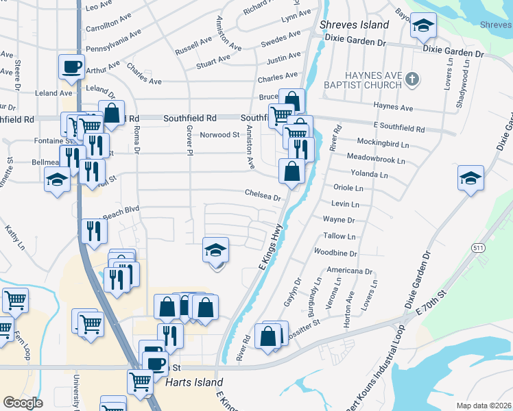 map of restaurants, bars, coffee shops, grocery stores, and more near 130 Maximilian Lane in Shreveport