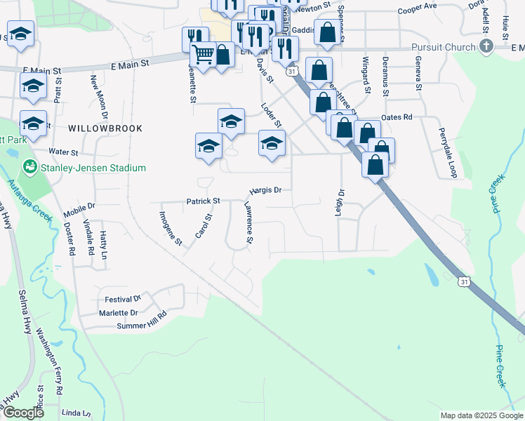 map of restaurants, bars, coffee shops, grocery stores, and more near 137 Danya Court in Prattville