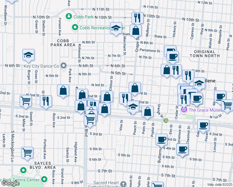 map of restaurants, bars, coffee shops, grocery stores, and more near 224 Merchant Street in Abilene