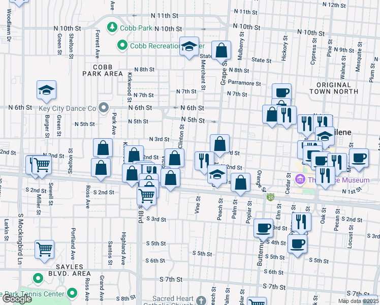 map of restaurants, bars, coffee shops, grocery stores, and more near 224 Merchant Street in Abilene