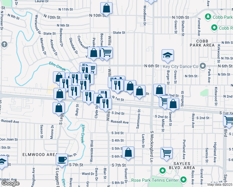 map of restaurants, bars, coffee shops, grocery stores, and more near 149 North Willis Street in Abilene