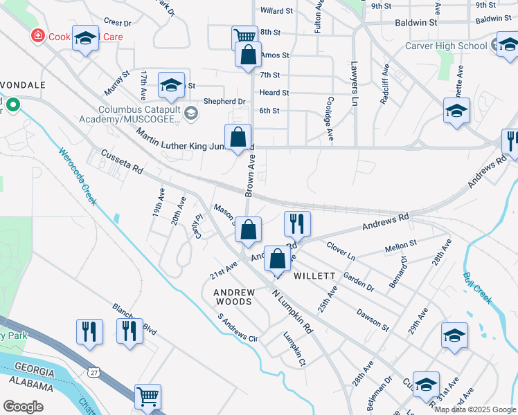 map of restaurants, bars, coffee shops, grocery stores, and more near 361 Liberty Avenue in Columbus