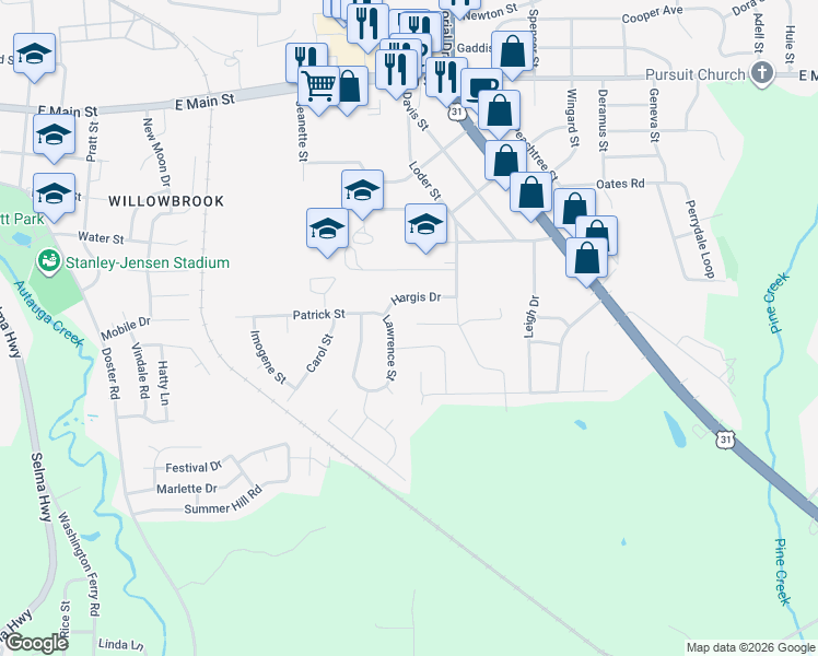 map of restaurants, bars, coffee shops, grocery stores, and more near 138 Danya Court in Prattville