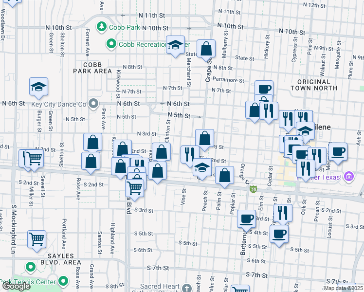 map of restaurants, bars, coffee shops, grocery stores, and more near 243 Merchant Street in Abilene