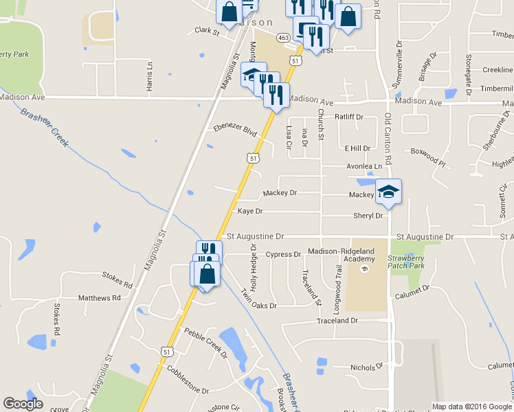 map of restaurants, bars, coffee shops, grocery stores, and more near 133 Mackey Drive in Madison