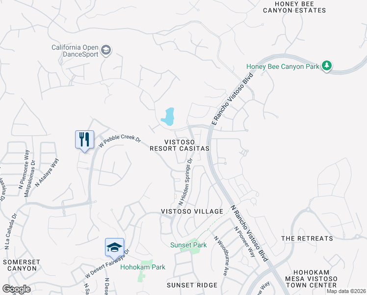 map of restaurants, bars, coffee shops, grocery stores, and more near 655 West Vistoso Highlands Drive in Oro Valley