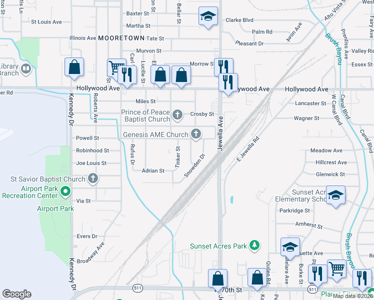 map of restaurants, bars, coffee shops, grocery stores, and more near 6203 Singletary Street in Shreveport