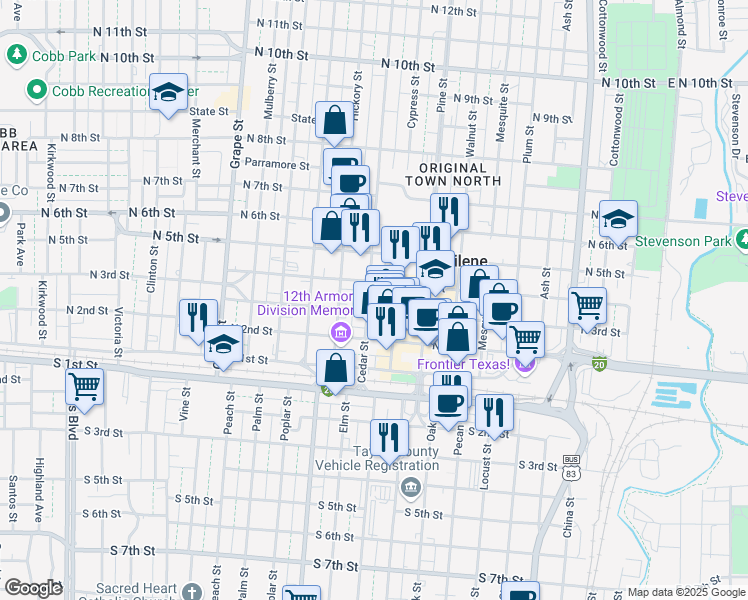 map of restaurants, bars, coffee shops, grocery stores, and more near 343 Cedar Street in Abilene