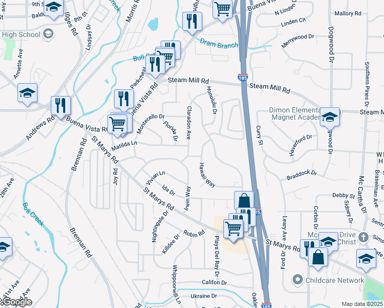 map of restaurants, bars, coffee shops, grocery stores, and more near 3722 Hawaii Way in Columbus