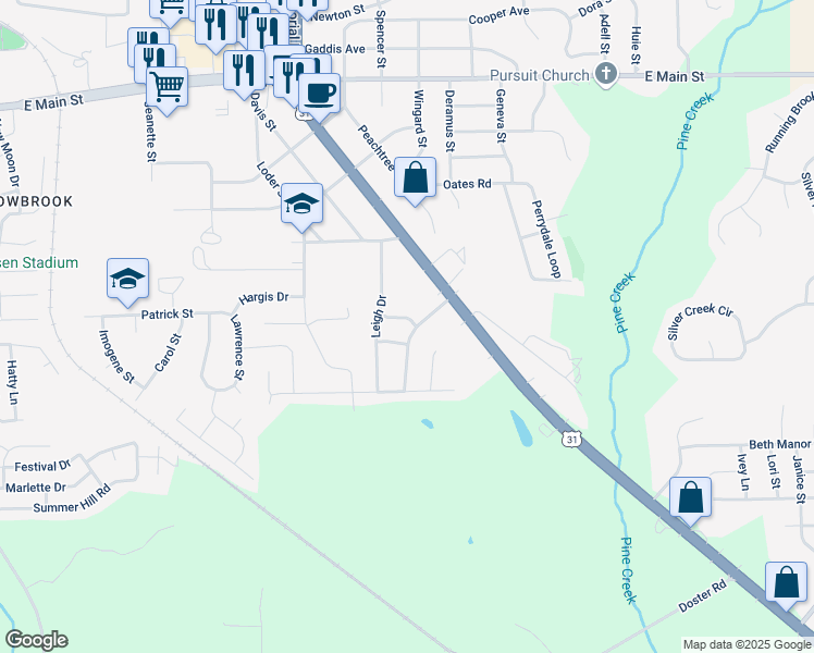 map of restaurants, bars, coffee shops, grocery stores, and more near 106-108 Morris Circle in Prattville
