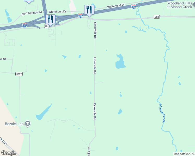 map of restaurants, bars, coffee shops, grocery stores, and more near Estesville Rd in Longview