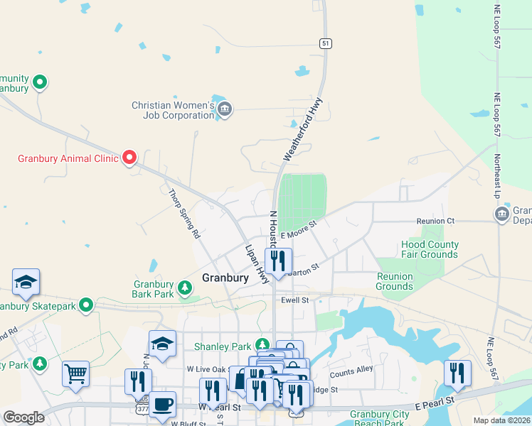 map of restaurants, bars, coffee shops, grocery stores, and more near 904 North Houston Street in Granbury