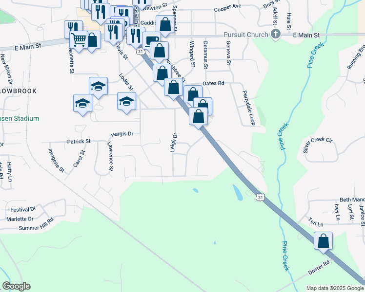 map of restaurants, bars, coffee shops, grocery stores, and more near 106 Morris Circle in Prattville