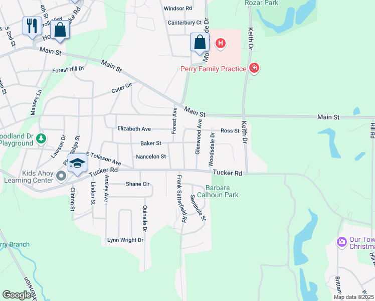 map of restaurants, bars, coffee shops, grocery stores, and more near 1502 Baker Street in Perry