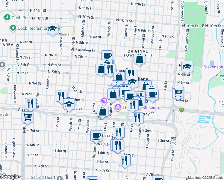 map of restaurants, bars, coffee shops, grocery stores, and more near 343 Cedar Street in Abilene