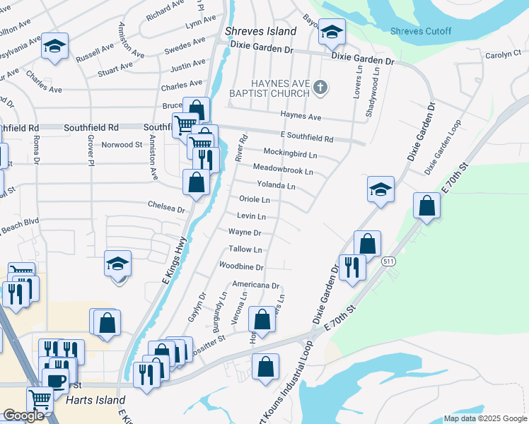 map of restaurants, bars, coffee shops, grocery stores, and more near 338 Levin Lane in Shreveport