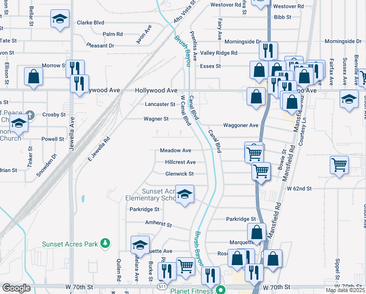 map of restaurants, bars, coffee shops, grocery stores, and more near 2936 Meadow Avenue in Shreveport