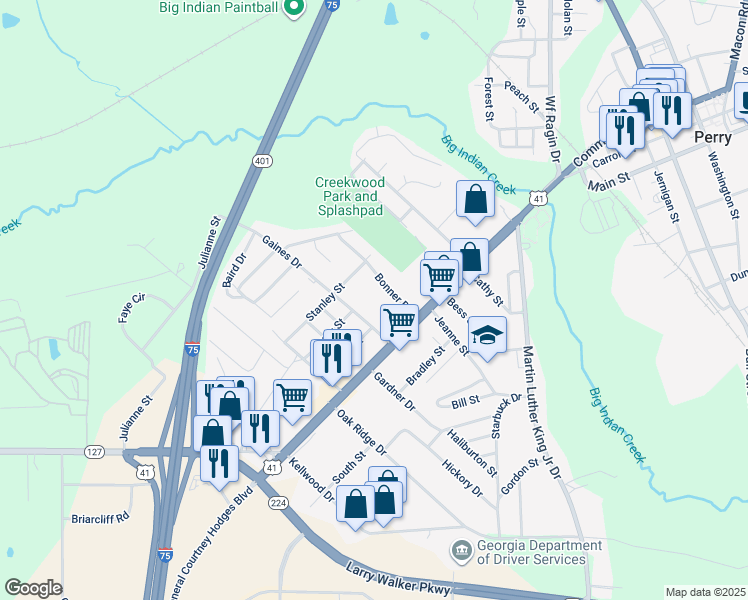 map of restaurants, bars, coffee shops, grocery stores, and more near 500 Stanley St in Perry