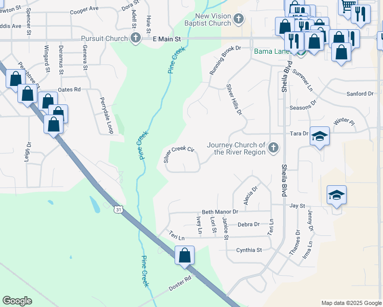 map of restaurants, bars, coffee shops, grocery stores, and more near 913 Silver Creek Circle in Prattville