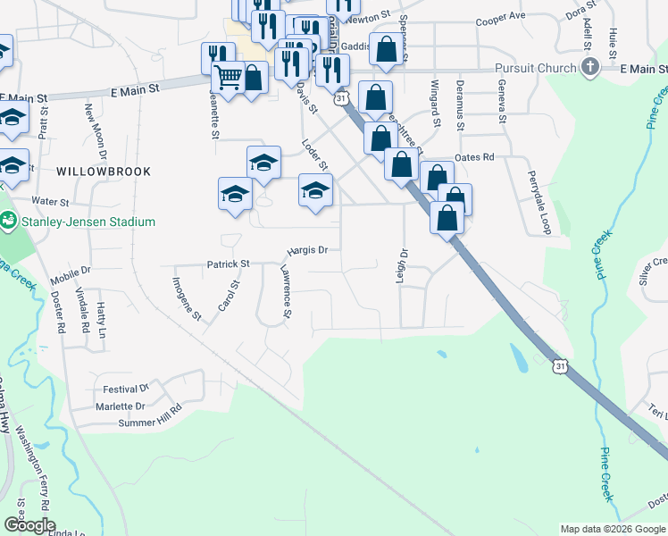 map of restaurants, bars, coffee shops, grocery stores, and more near 106 Danya Court in Prattville