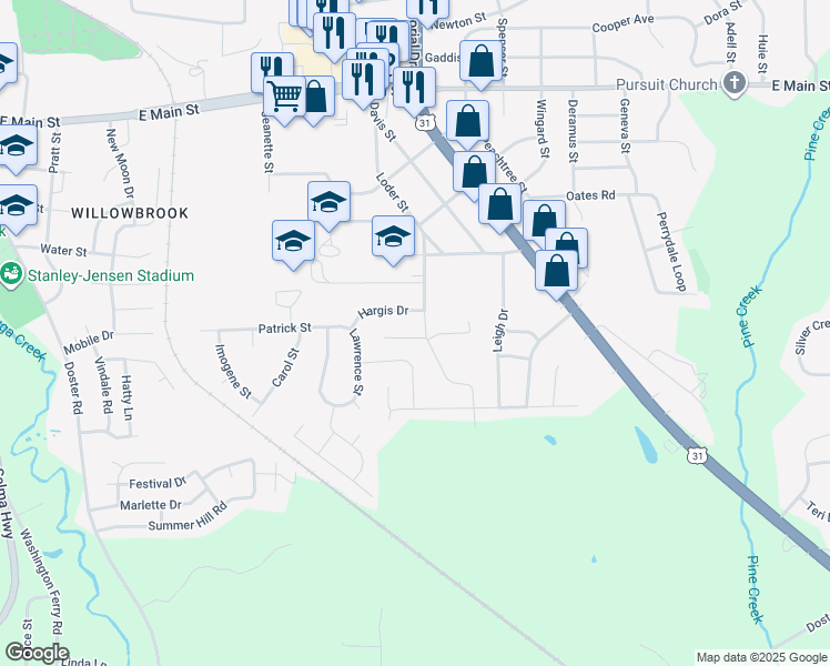 map of restaurants, bars, coffee shops, grocery stores, and more near 108 Danya Court in Prattville