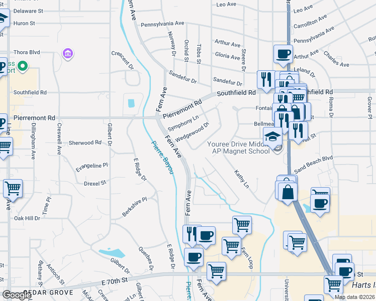 map of restaurants, bars, coffee shops, grocery stores, and more near 6018 Cinderella Ln in Shreveport
