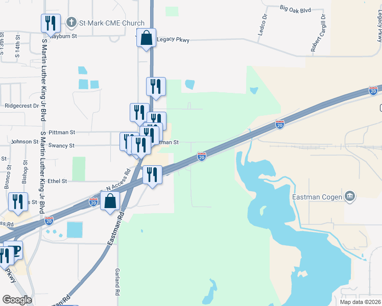 map of restaurants, bars, coffee shops, grocery stores, and more near North Perry Street in Longview