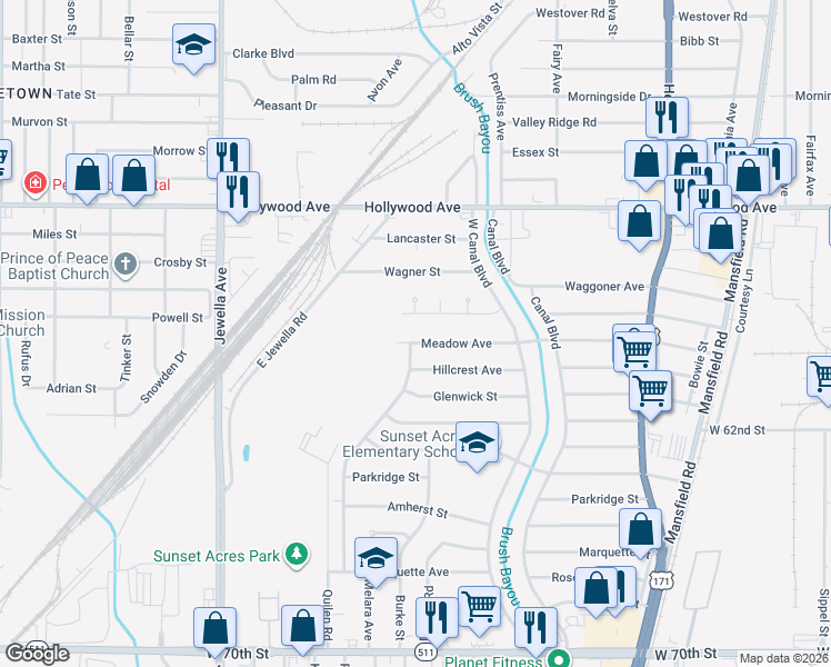 map of restaurants, bars, coffee shops, grocery stores, and more near 3049 Lakehurst Avenue in Shreveport