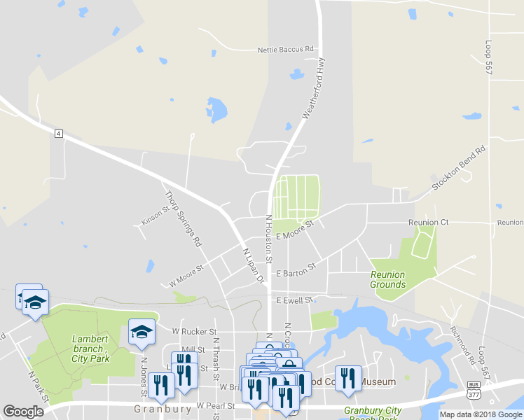 map of restaurants, bars, coffee shops, grocery stores, and more near 904 North Houston Street in Granbury