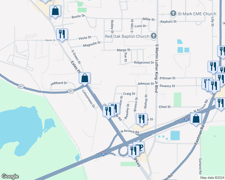 map of restaurants, bars, coffee shops, grocery stores, and more near 3307 Johnson Street in Longview