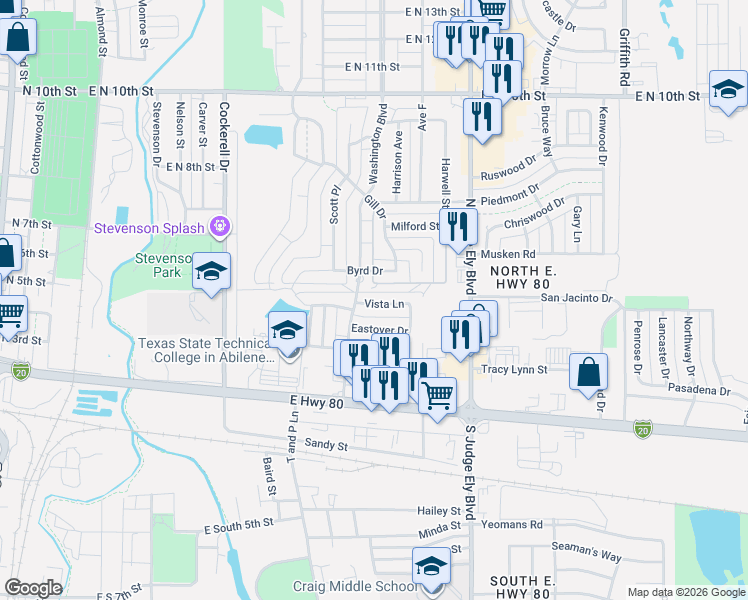 map of restaurants, bars, coffee shops, grocery stores, and more near 834 Vista Lane in Abilene