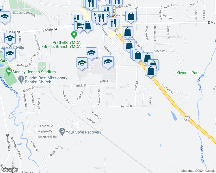 map of restaurants, bars, coffee shops, grocery stores, and more near 124 Danya Court in Prattville