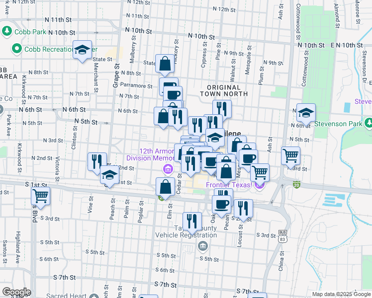 map of restaurants, bars, coffee shops, grocery stores, and more near 343 Cedar Street in Abilene