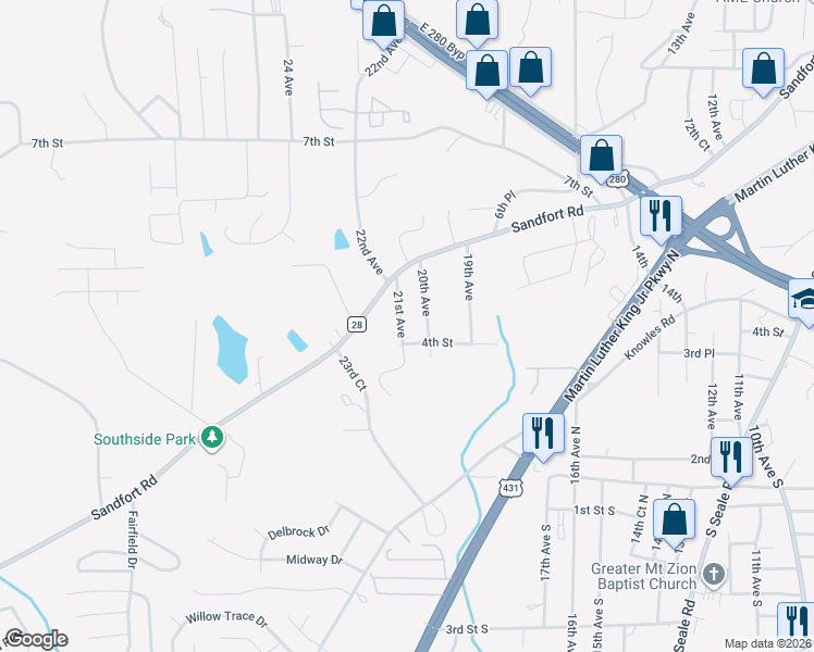 map of restaurants, bars, coffee shops, grocery stores, and more near 404 21st Avenue in Phenix City