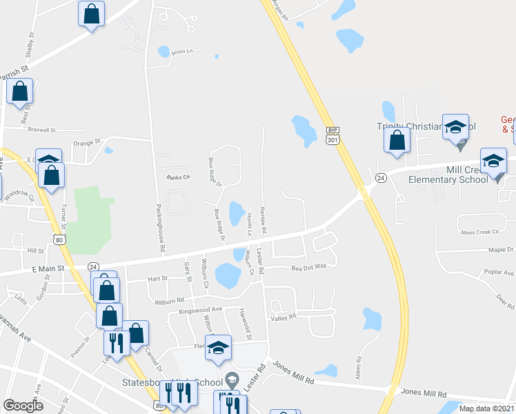 map of restaurants, bars, coffee shops, grocery stores, and more near 9 Ramble Road in Statesboro
