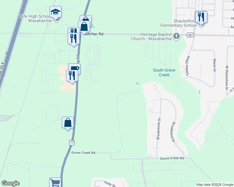 map of restaurants, bars, coffee shops, grocery stores, and more near 177 Royal Park Lane in Waxahachie