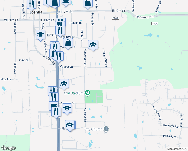 map of restaurants, bars, coffee shops, grocery stores, and more near 712 West Sheila Circle in Joshua