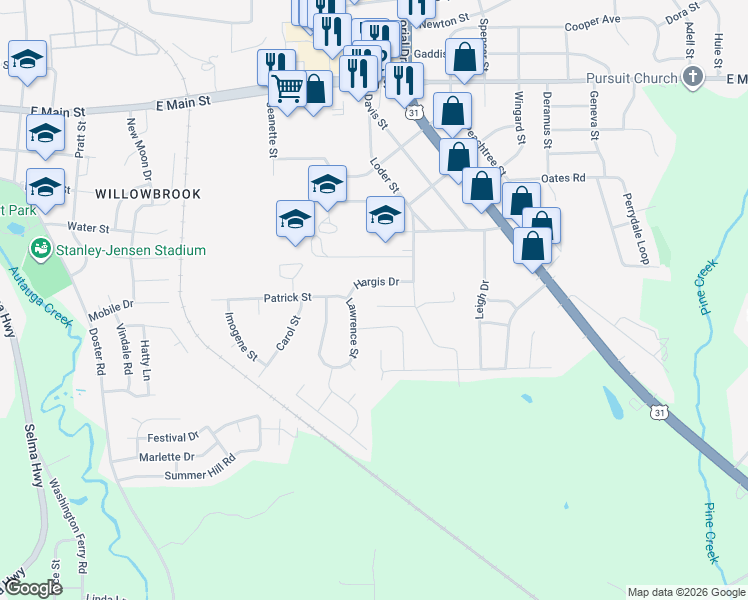 map of restaurants, bars, coffee shops, grocery stores, and more near 132 Danya Court in Prattville