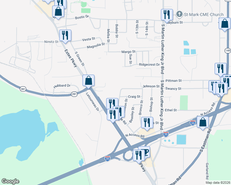 map of restaurants, bars, coffee shops, grocery stores, and more near 3307 Johnson Street in Longview