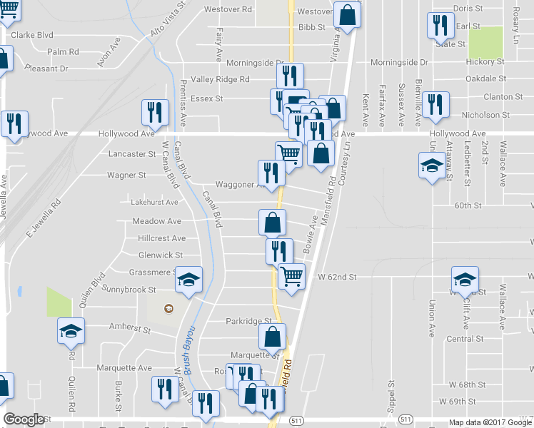 map of restaurants, bars, coffee shops, grocery stores, and more near 2710 Meadow Avenue in Shreveport