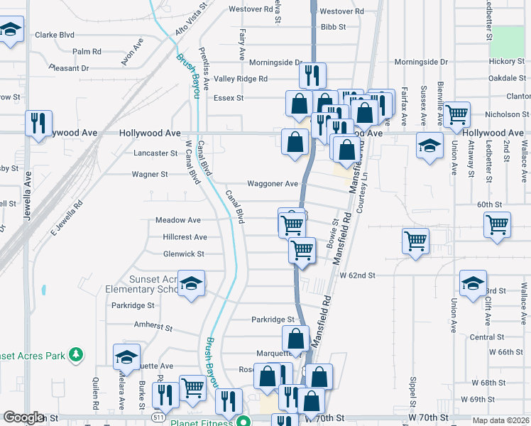 map of restaurants, bars, coffee shops, grocery stores, and more near 2746 Meadow Avenue in Shreveport