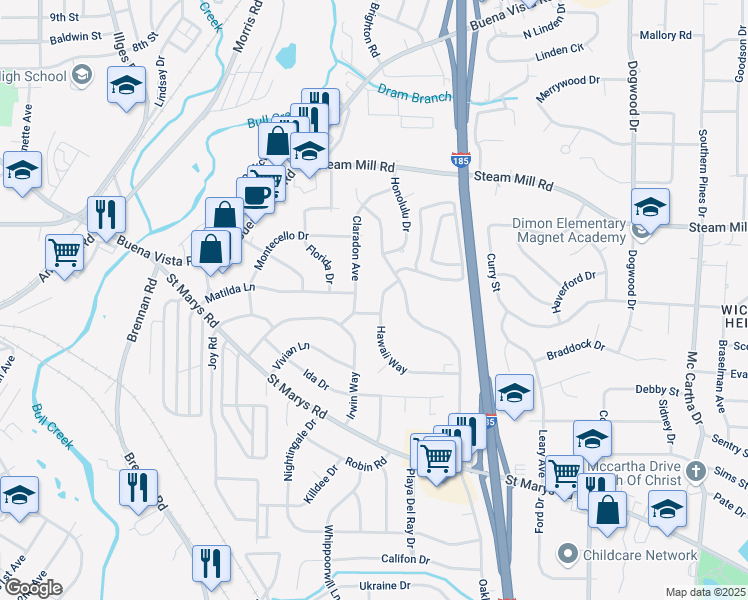 map of restaurants, bars, coffee shops, grocery stores, and more near 3722 Hawaii Way in Columbus