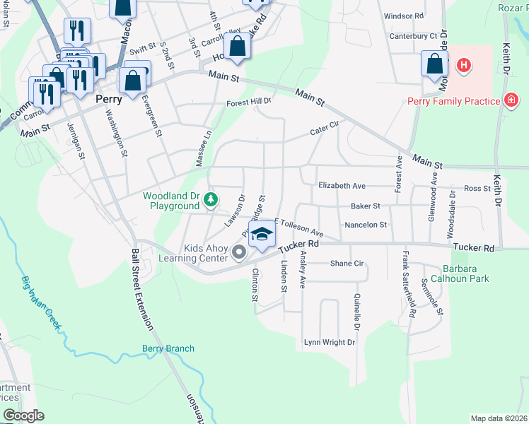 map of restaurants, bars, coffee shops, grocery stores, and more near 623 Pine Ridge Street in Perry
