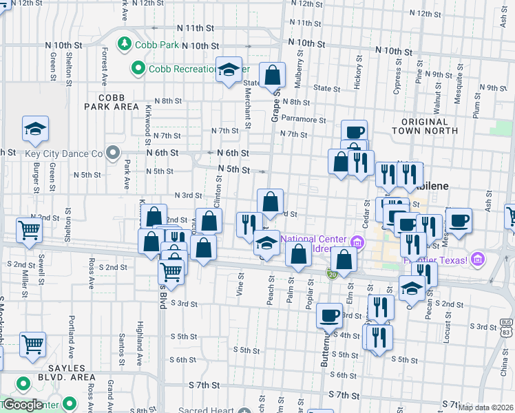 map of restaurants, bars, coffee shops, grocery stores, and more near 1725 North 3rd Street in Abilene