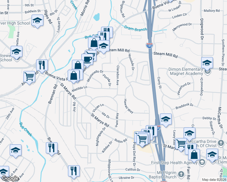 map of restaurants, bars, coffee shops, grocery stores, and more near 3508 Matilda Lane in Columbus