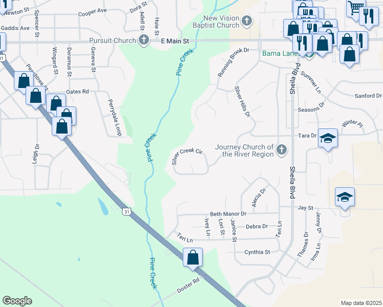 map of restaurants, bars, coffee shops, grocery stores, and more near 919 Silver Creek Circle in Prattville