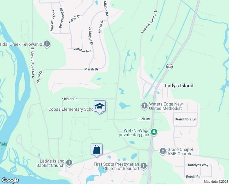 map of restaurants, bars, coffee shops, grocery stores, and more near 83 Middle Road in Beaufort