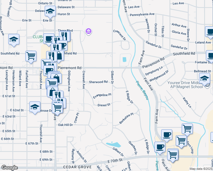 map of restaurants, bars, coffee shops, grocery stores, and more near 415 Sherwood Road in Shreveport