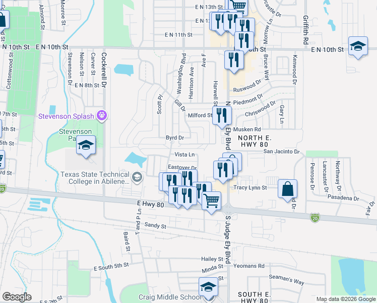 map of restaurants, bars, coffee shops, grocery stores, and more near 834 Vista Ln in Abilene
