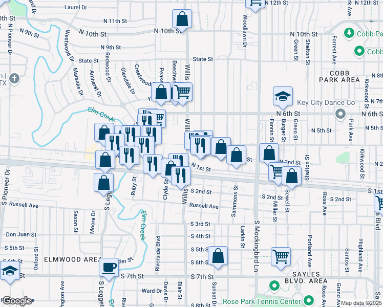 map of restaurants, bars, coffee shops, grocery stores, and more near 149 North Willis Street in Abilene